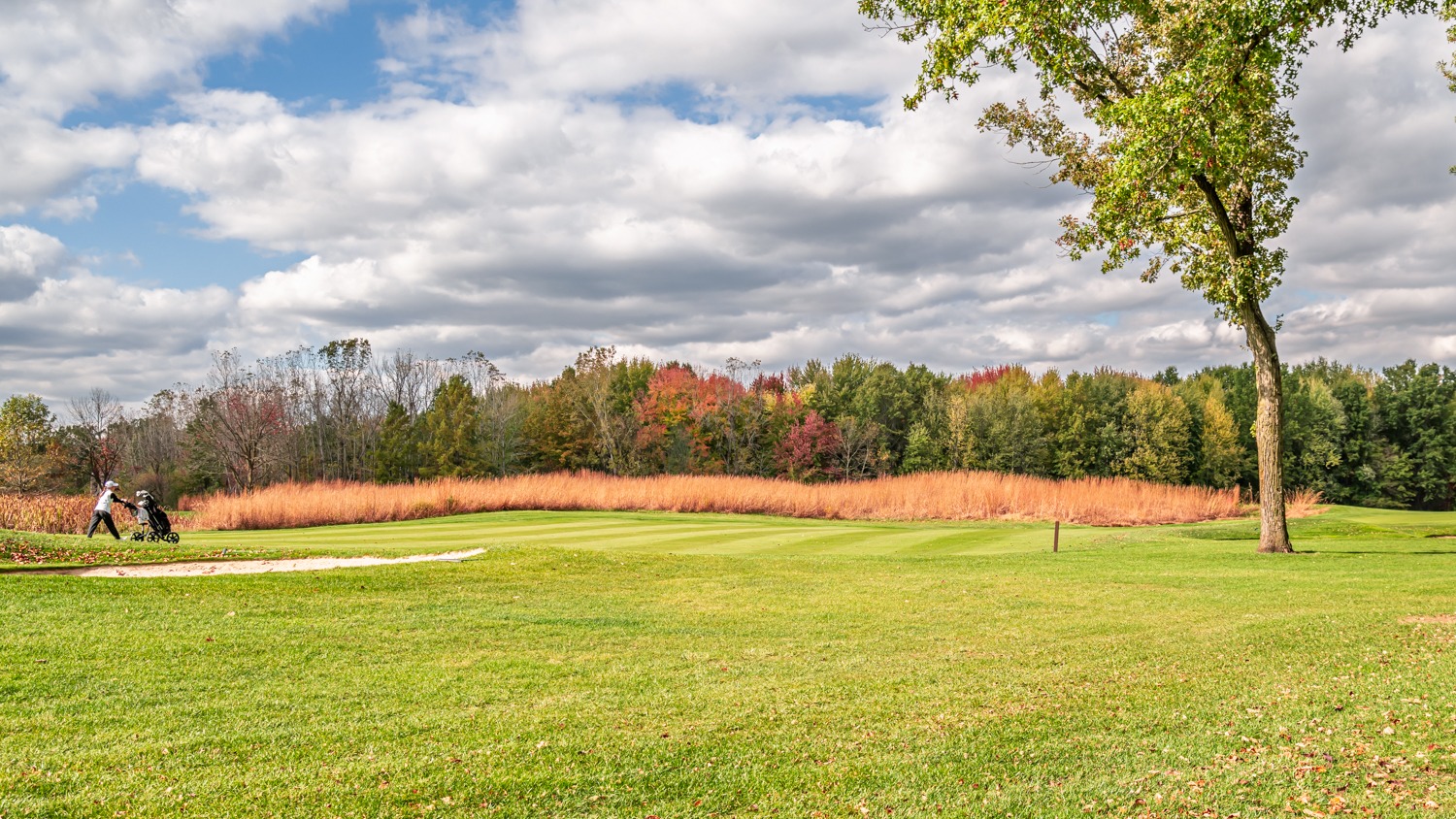 Golfers walking across a course on a beautiful fall day